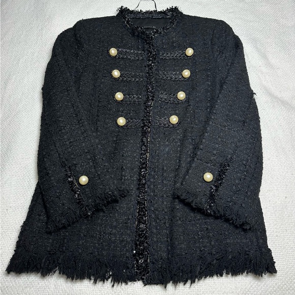 ZARA WOMAN Black Military Tweed Jacket w/ Pearl Buttons - Lined Open Front Sz M
